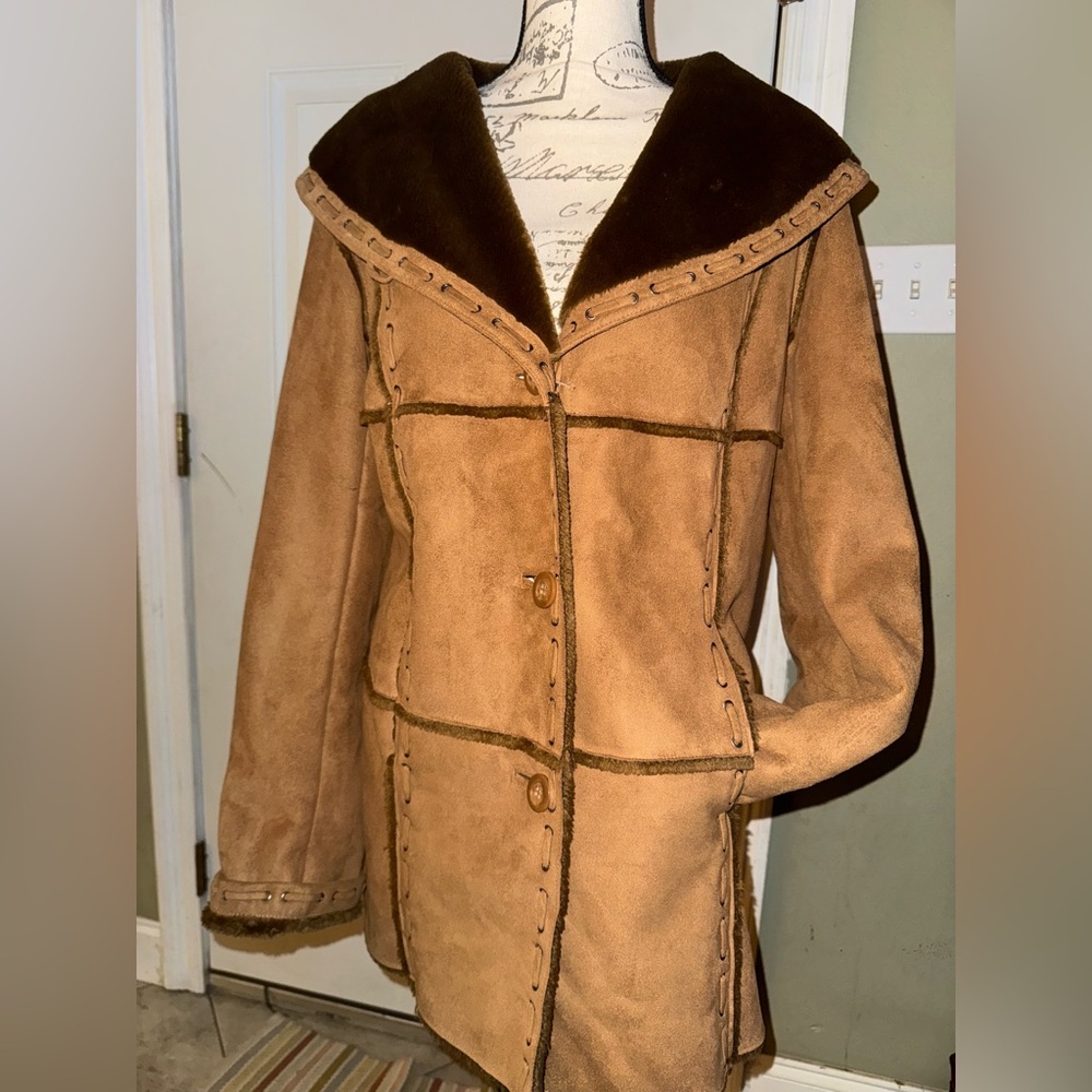 Dennis Basso Vintage Faux Fur & Suede Style Trench Coach Heavy Size M